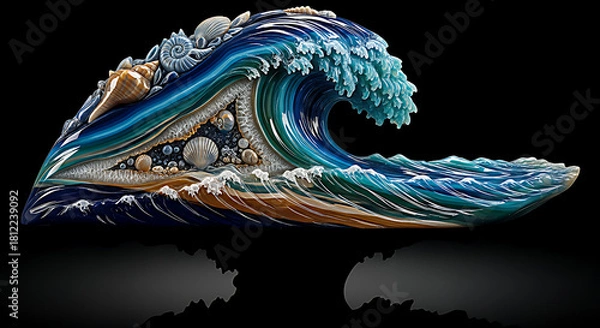 Fototapeta Spectacular artistic sculpture of a powerful ocean wave with intricate details and vibrant colors against a dark background