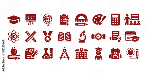 Fototapeta Education icon set. Containing study, graduation, student, knowledge, learning, school and stationery icons. Solid icon set. Vector illustration.