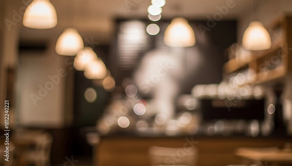 Obraz Cozy cafe lighting produces smooth bokeh across the interior, merging warm tones and soft shapes into a tranquil scene that emphasizes comfort, relaxation, and a peaceful atmosphere.