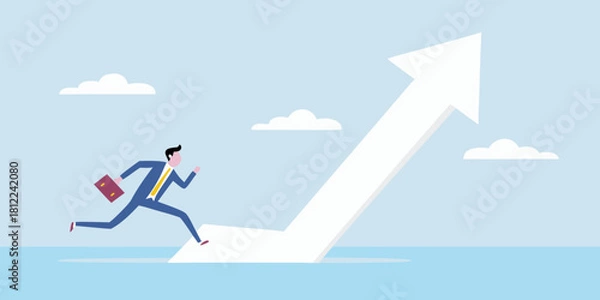 Fototapeta Businessman running up an upward trending arrow towards the sky
