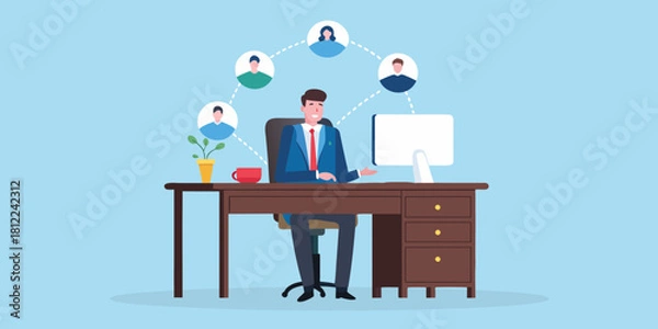 Fototapeta Businessman managing remote team connections from his office desk