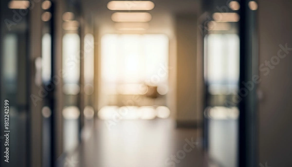 Fototapeta Soft afternoon light fills the blurred office corridor, blending with warm ceiling fixtures and frosted glass panels to create a calm, quiet atmosphere as the workday winds down.
