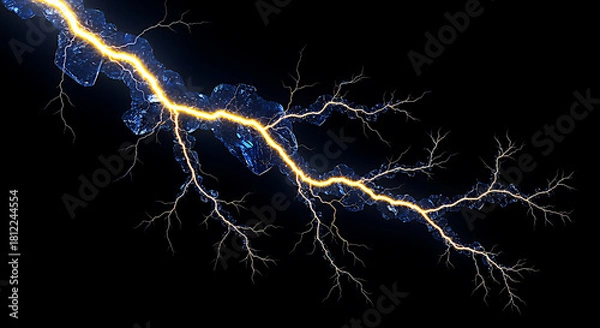 Fototapeta Dramatic bright yellow lightning bolt striking down from the dark stormy sky with intricate fractal branches illuminating the night