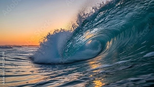 Fototapeta Captivating ocean wave cresting at sunset with golden light.