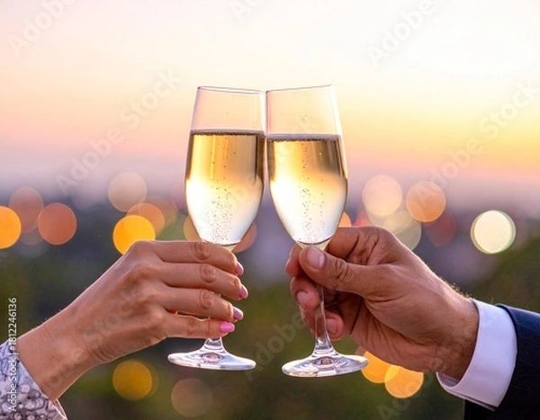 Fototapeta Toast wznoszony kieliszkami z szampanem przez dwoje kochających się ludzi, narzeczonych, przyjaciół, młodych małżonków. 