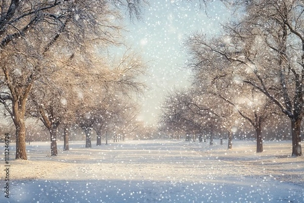 Fototapeta Snowy winter park scene with sunshine filtering through trees, creating a magical and serene atmosphere for holiday backgrounds and seasonal designs