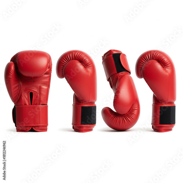 Obraz Four red boxing gloves lined up against a white background