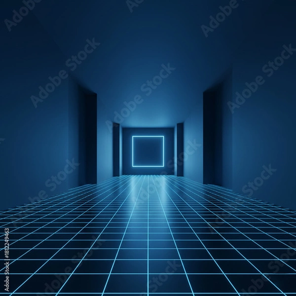 Obraz Futuristic digital blue grid tunnel with glowing square portal