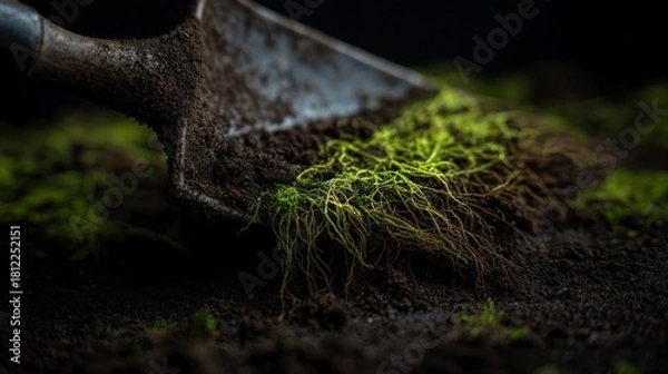 Obraz Shovelful of soil with moss
