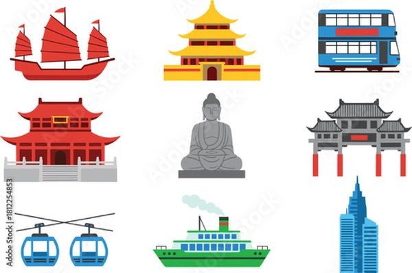 Fototapeta Hong Kong travel icons set, landmarks vector collection, junk boat, big buddha, temple, transportation, isolated on white background.
