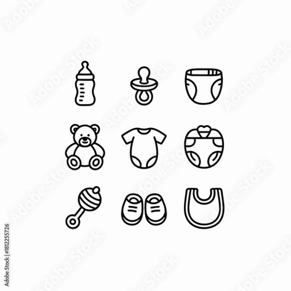 Fototapeta Collection of Outline Icons Featuring Essential Baby Care Products and Newborn Accessories Line Art Set