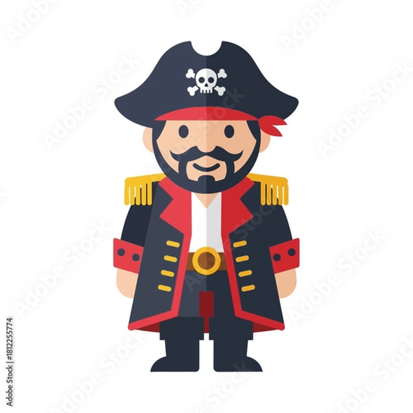 Fototapeta Charming flat design illustration of a friendly pirate captain with a tricorn hat and skull emblem, perfect for adventure themes