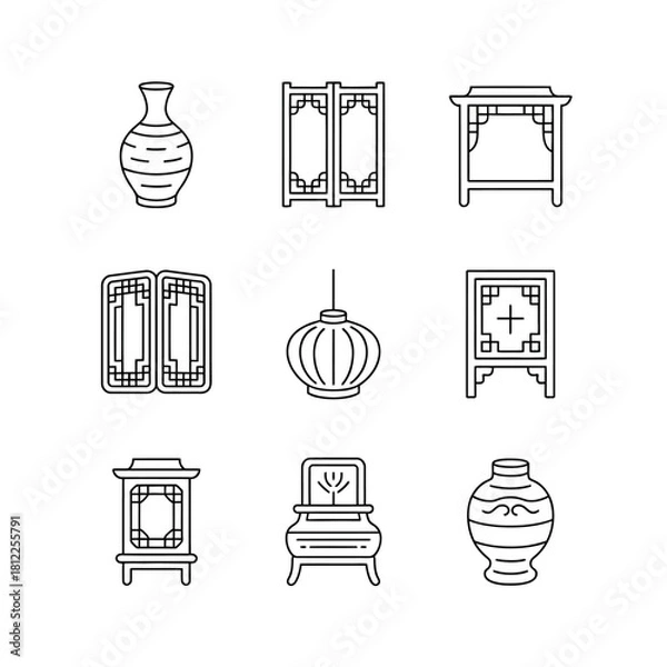 Fototapeta Elegant collection of traditional Asian cultural decorative elements and antique furniture line art icons set