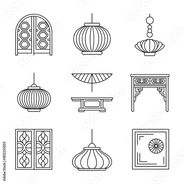 Fototapeta Vector collection of traditional East Asian architectural and decorative elements outline icons, representing cultural design concepts