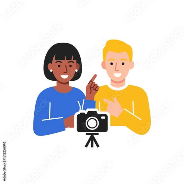 Fototapeta Diverse Smiling Content Creators Filming Engaging Video for Social Media and Online Platforms