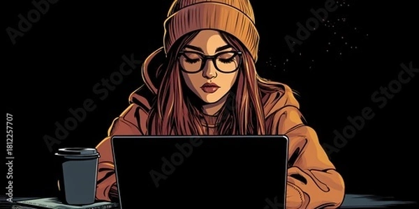 Fototapeta Focused student studying late at night with laptop and coffee, perfect for education, technology, or lifestyle campaigns online