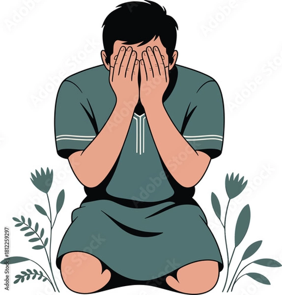 Fototapeta Man kneeling covering face expressing despair shame worry