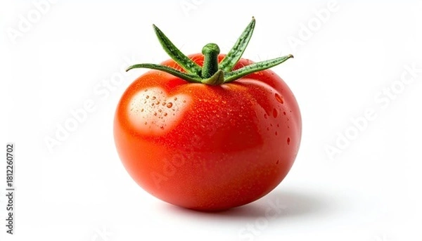 Fototapeta Ripe Red Tomato with Green Stem and Water Droplets on White Background Close Up Isolated Fresh Vegetable Studio Shot