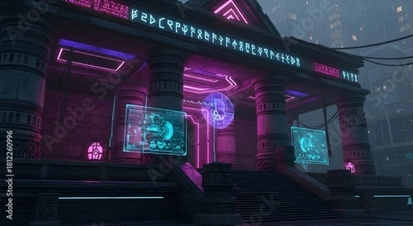 Obraz Cyberpunk Neon Temple – Ancient Architecture Reimagined in Futuristic Style