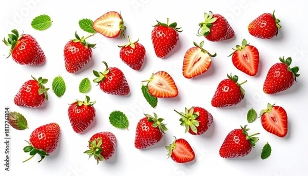 Obraz Ripe Strawberries on White Fresh Background Overhead View Bright Studio Shot Red Berries Healthy Diet Vitamin C Antioxidants Summer Fruits Ingredient Pattern