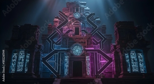 Obraz Cyberpunk Neon Temple – Ancient Architecture Reimagined in Futuristic Style