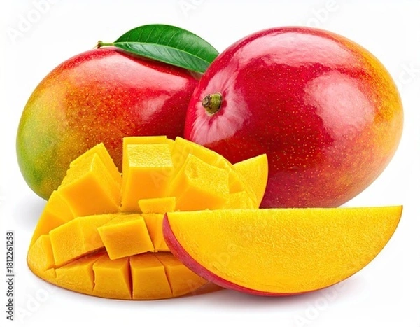 Obraz Ripe Red Mangoes with Diced Pieces on White Background