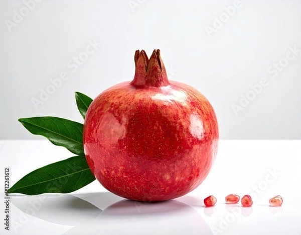 Fototapeta Ripe Red Pomegranate with Green Leaves on White Background