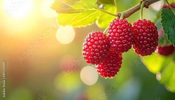 Obraz Ripe Red Mulberries Hanging from a Branch with Green Leaves in Sunlight