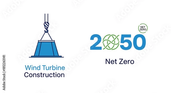 Fototapeta Vector illustration of wind turbine construction and net zero 2050 logo isolated on