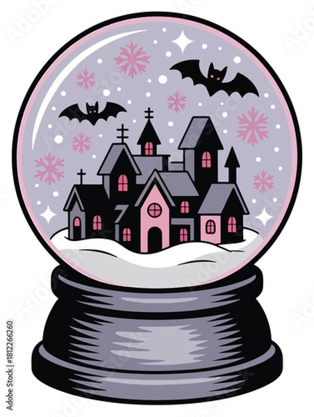 Fototapeta Spooky haunted house snow globe with bats and pink snowflakes
