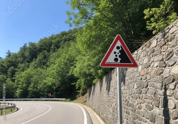 Obraz Warning sign for falling rocks on a winding mountain road