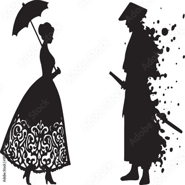 Fototapeta Elegant black-and-white silhouette artwork featuring a poised Victorian woman with ornate gown and parasol facing a fragmented samurai dissolving into ink splatters. The composition explores contrast 