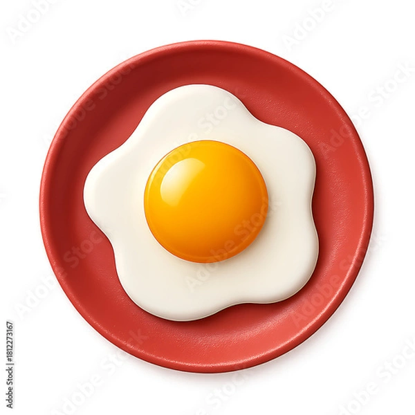 Fototapeta Adorable fried egg cartoon icon on red plate isolated on transparent background for bakery branding, cafe labels and breakfast marketing, Playful 3D fried egg design on colorful red plate, PNG