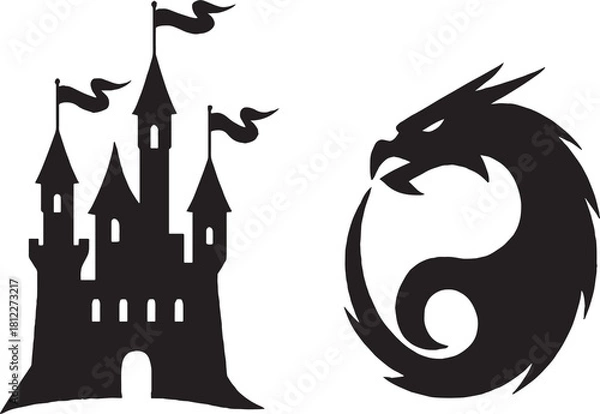 Fototapeta Fantasy-themed black silhouette artwork featuring a medieval castle with flowing banners and arched windows, paired with a fierce dragon curled into a circular form. The high-contrast vector design ev