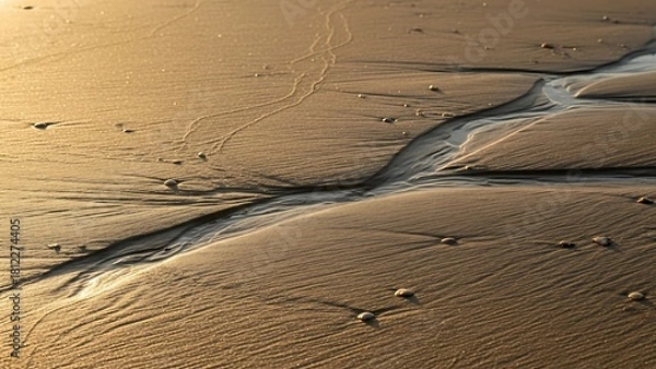 Fototapeta Intricate patterns of water flow on a sandy beach surface.