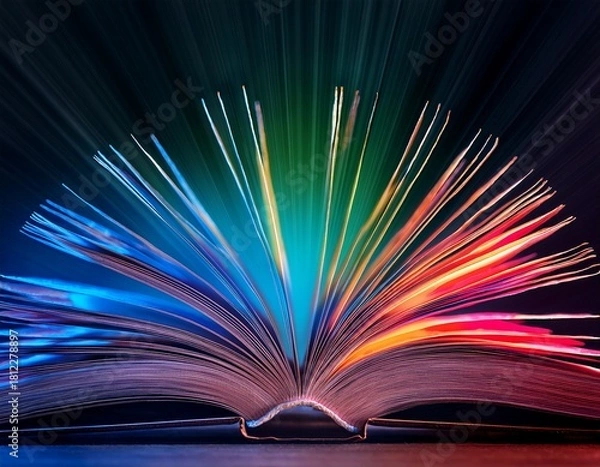 Fototapeta open book with colorful pages illuminated by dramatic light rays