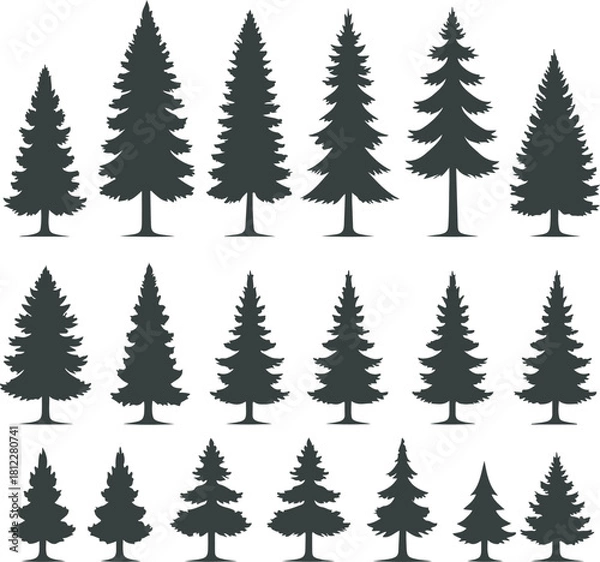Obraz Collection of eighteen distinct evergreen tree silhouettes in various shapes and sizes, perfect for nature or winter themed graphic design projects