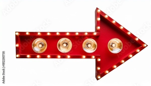 Fototapeta red arrow with light bulbs for theater direction isolated on white background