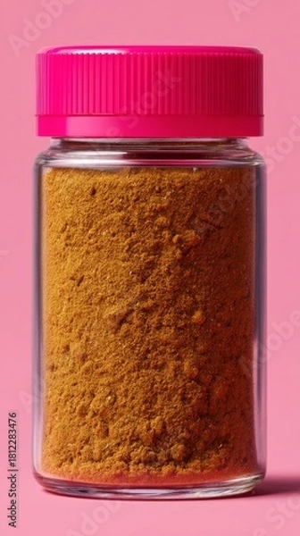 Fototapeta Glass container holds bright yellow spice powder with a pink lid, placed on a soft pink backdrop, highlighting culinary elements and vivid hues