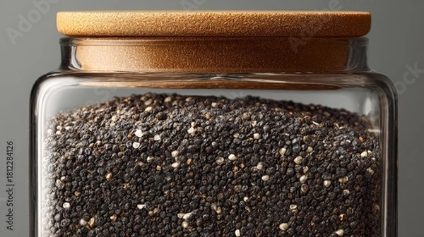 Fototapeta Transparent glass jar filled with black poppy seeds, topped with a wooden lid, highlighting the unique texture and visual appeal of the seeds inside
