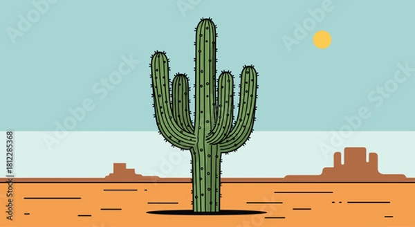 Fototapeta Tranquil desert landscape with a striking saguaro cactus basking under the radiant sun for travel and western themed projects