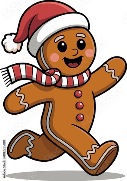 Obraz Gingerbread man running with Santa hat and scarf Christmas