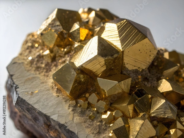 Fototapeta Close up of golden pyrite mineral crystals with metallic sheen and geometric facets full hd 4k stock image download
