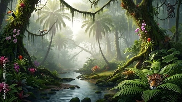 Fototapeta Lush Jungle Stream - A Vibrant Ecosystem of Life and Color.