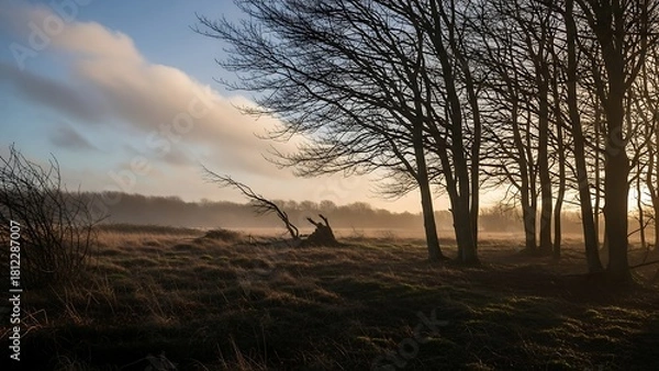 Fototapeta Misty Morning Landscape - Trees Silhouetted Against a Soft, Cloudy Sky.
