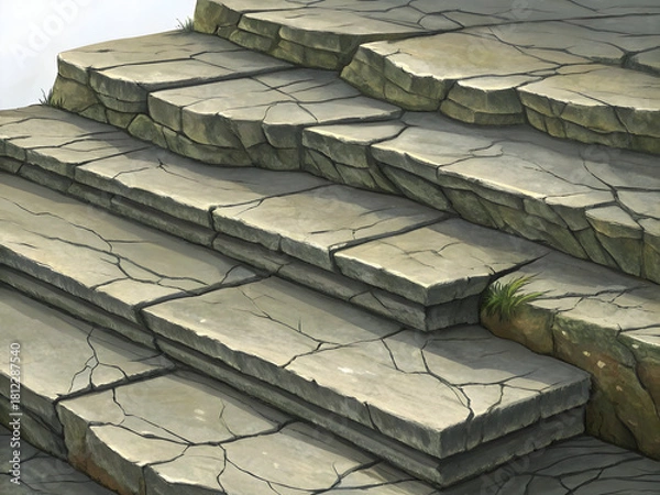 Fototapeta Cracked stone layers with muted olive and grey tones and sparse grass full hd 4k stock image download