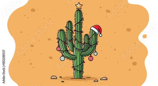Fototapeta Celebrate a desert Christmas with this charming cactus decorated with lights, ornaments, and a Santa hat against a warm tan background