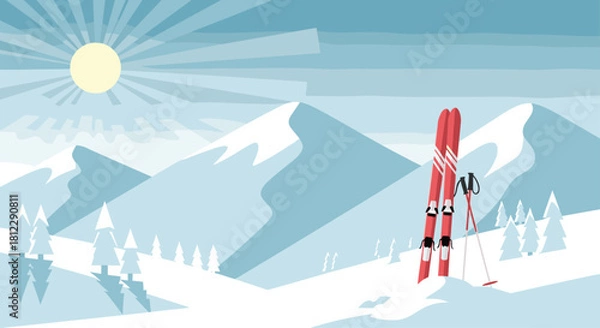 Fototapeta Dreamy winter escape to snow-capped mountains with skis ready for adventure, sunlight shining on pristine slopes for a holiday getaway