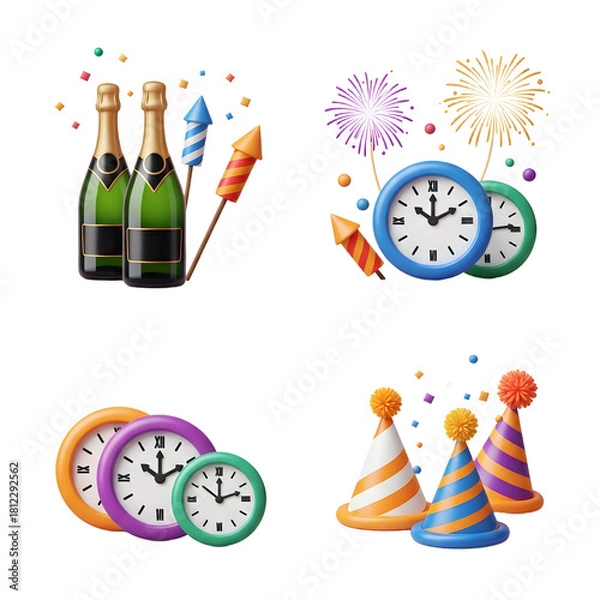 Fototapeta Celebration icons including champagne bottles, fireworks, clocks, and party hats, perfect for New Year's and festive events