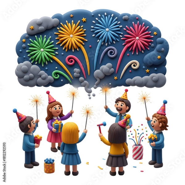 Fototapeta 3D illustration of six children celebrating with party hats holding sparklers and watching colorful fireworks in the night sky, perfect for birthday parties